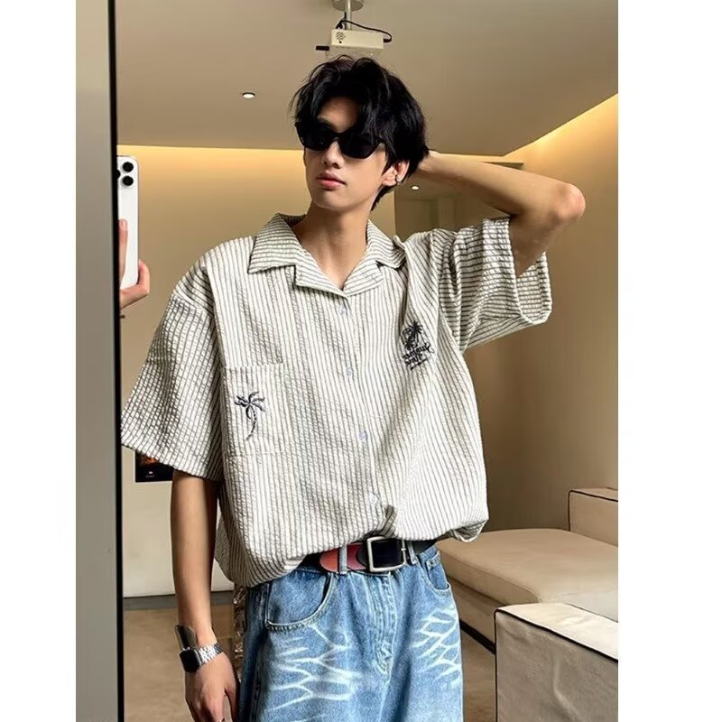 Men's Coconut Tree Embroidered Niche Design Casual Loose-fit Shirt