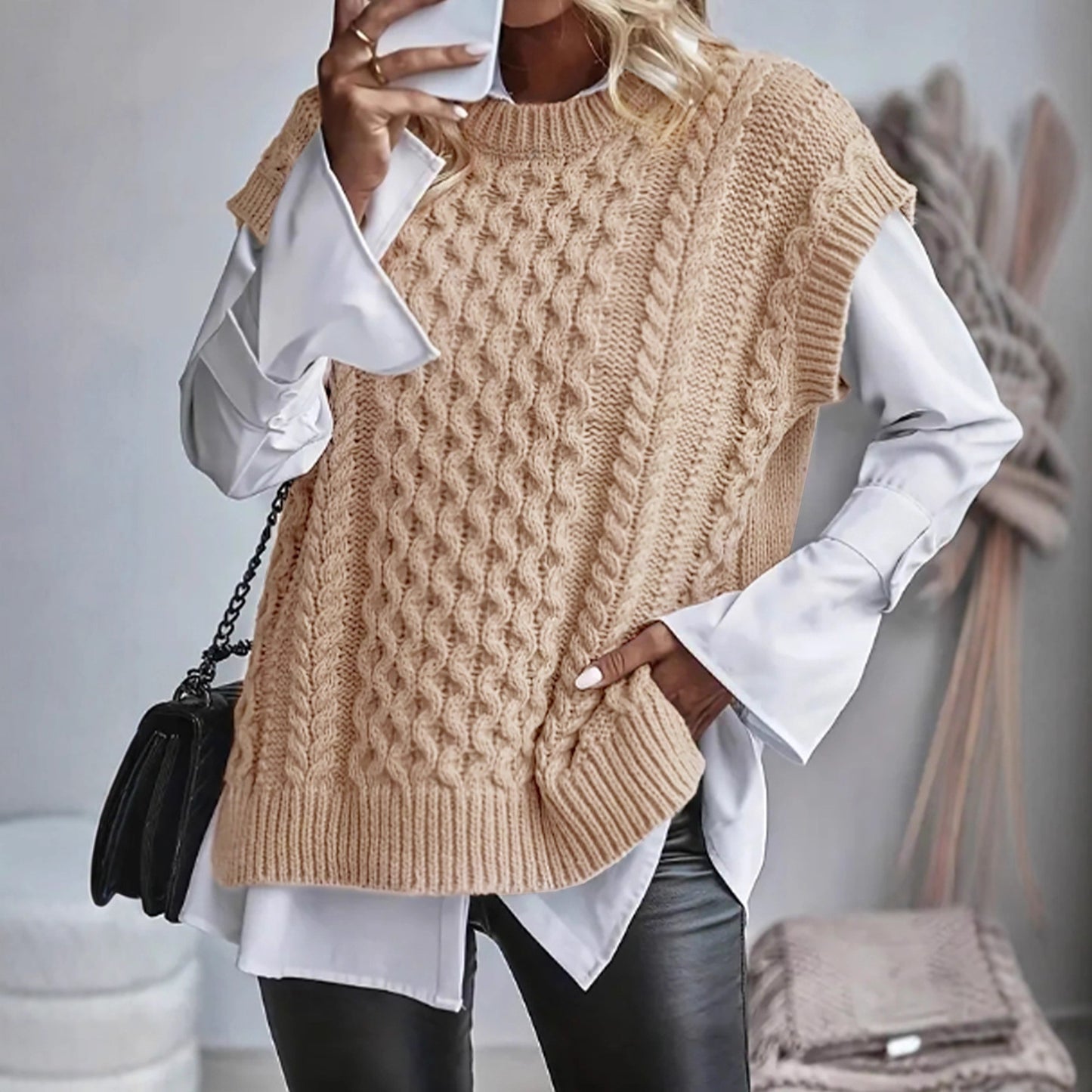 Womens Knitted Vest With Twist And Cable Details