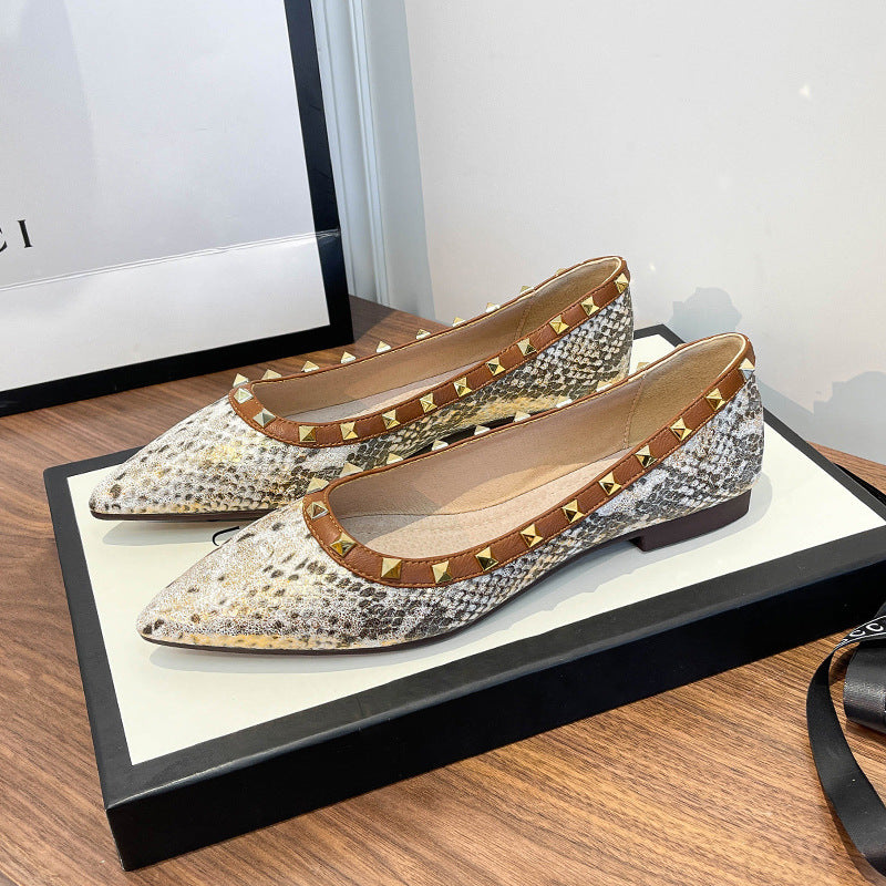 Women's Snakeskin Pattern Shallow Mouth Pointed Toe Flat Shoes