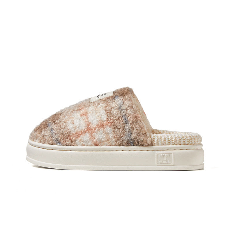 Winter Home Warm Antibacterial Retro Plaid Fleece-lined Thick Slippers