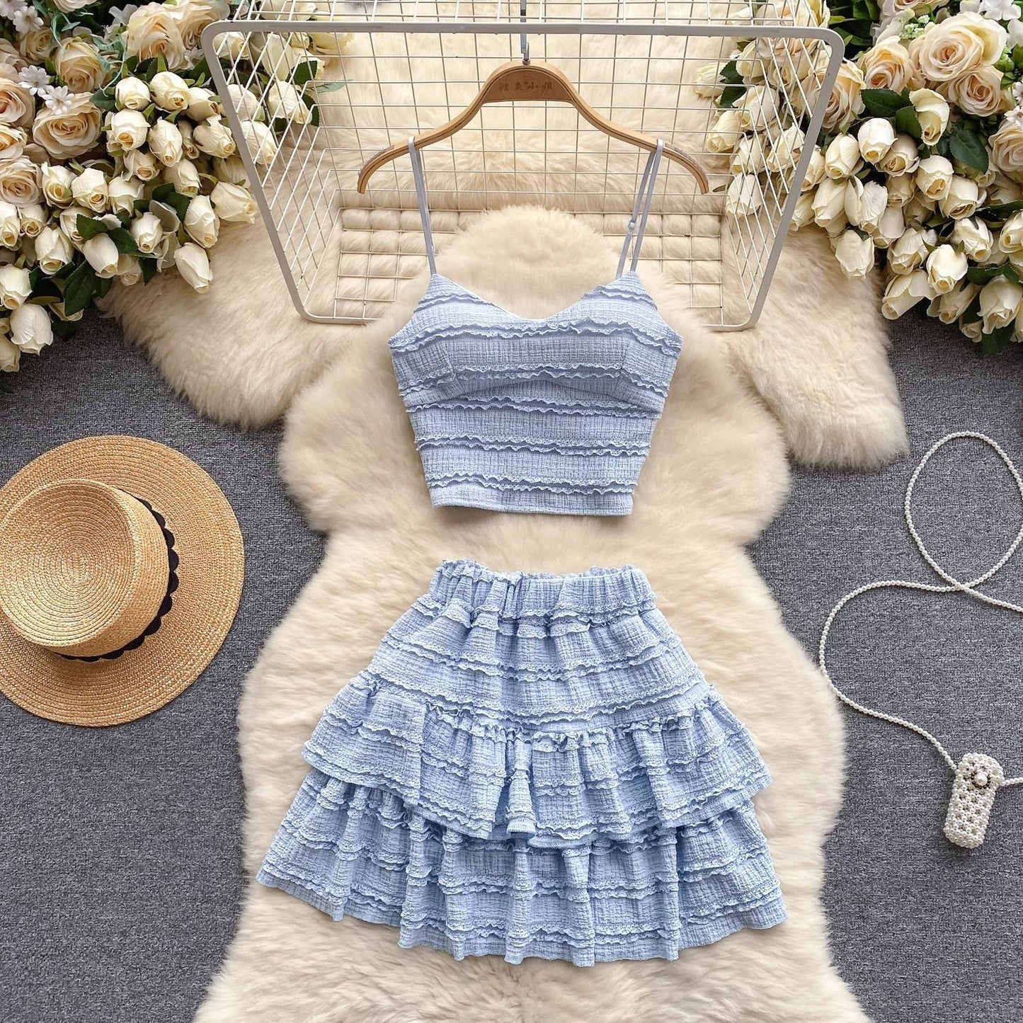 Lace Camisole And Ruffled Short Skirt Set