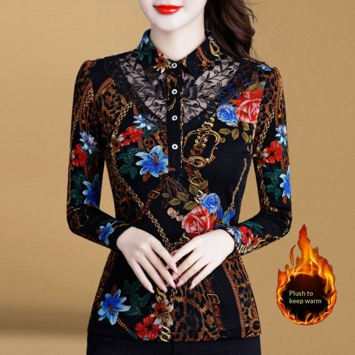Women's Casual Lace Printed Fleece Warm T-shirt