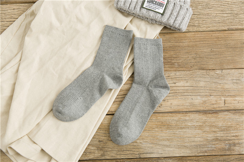 Japanese Retro Solid Color Double Needle Women's Mid-tube Cotton Socks
