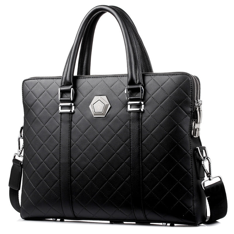 Men's Fashion Casual Wear Cowhide Leather Rhombus Zipper Bag