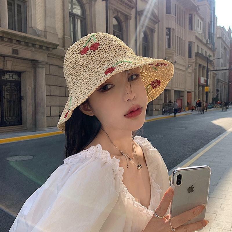 Women's Cherry  Straw Hat Bucket Cover The Face Is Prevented