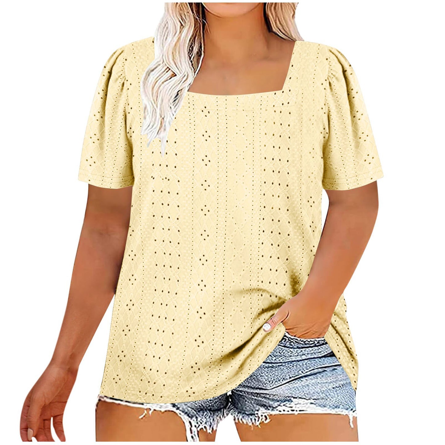Casual U-neck Solid Color Hollow Loose-fitting T-shirt Top
