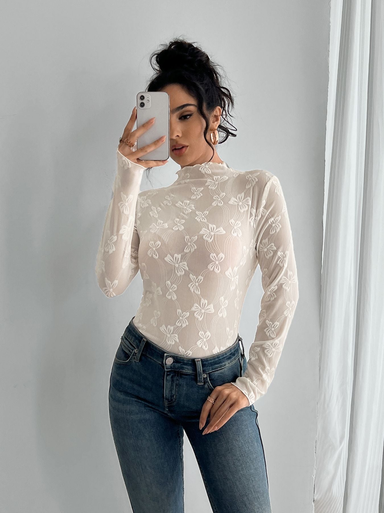 Sommerfugl Jacquard Mesh Slim Fit Ståkrave Langærmet