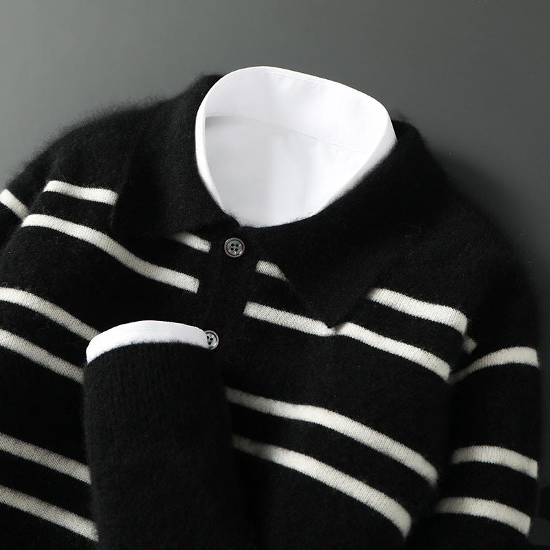 Lapel Pure Wool Sweater Striped Color Matching Half Button Pullover Long Sleeve Loose-fitting Underwear Sweater