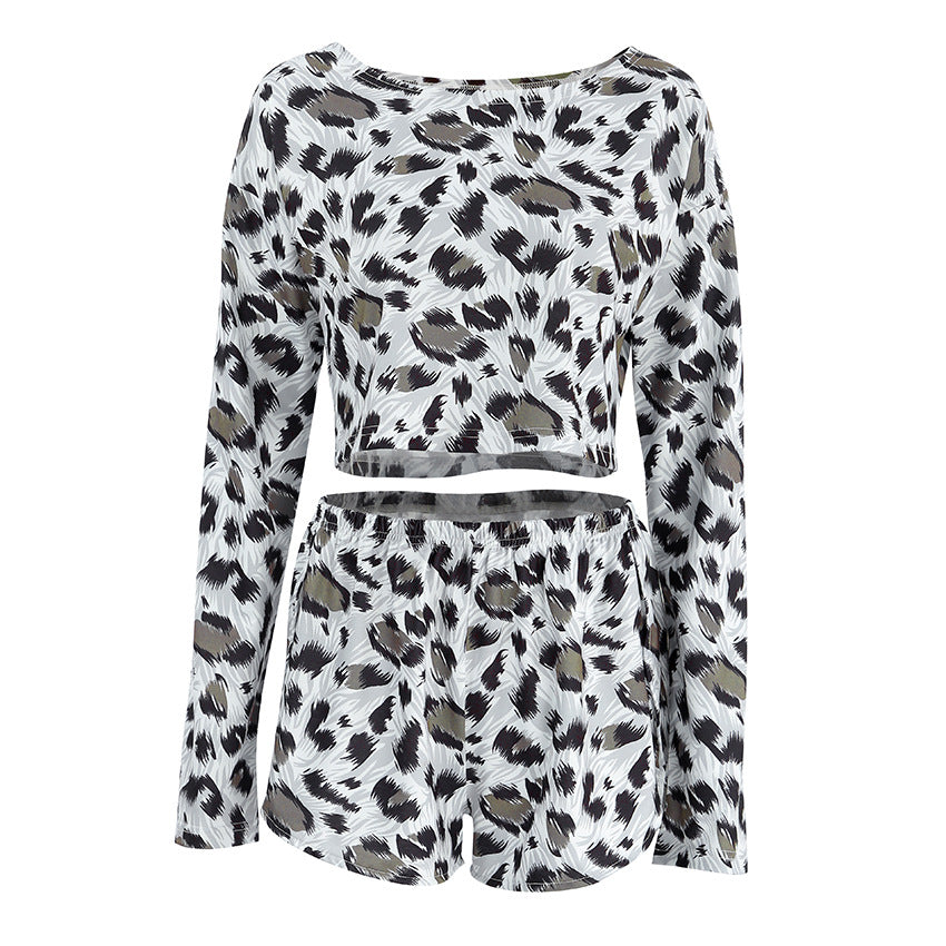 Leopard-print Short-length Long-sleeve Shorts Pajama Set For Women