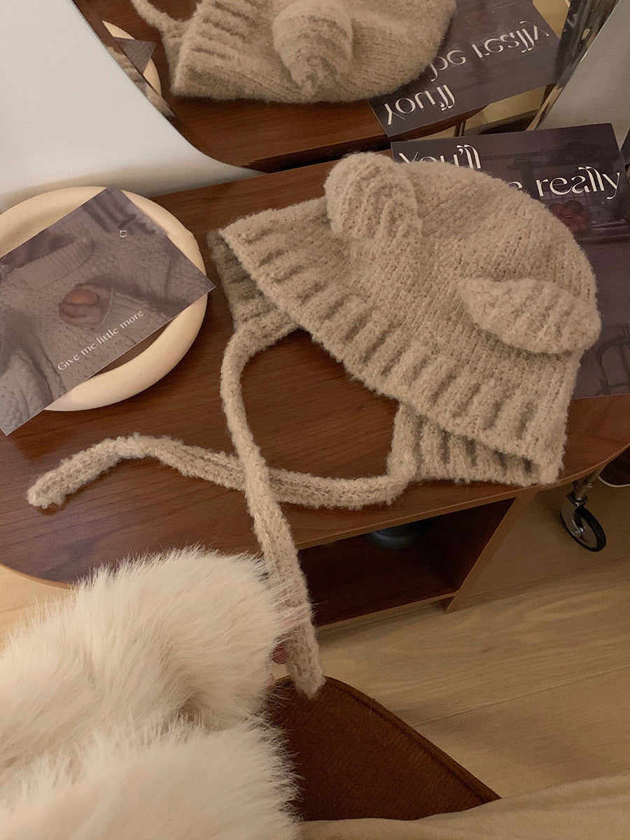 Women's Lace-up Cute Bear Ears Plush Hat