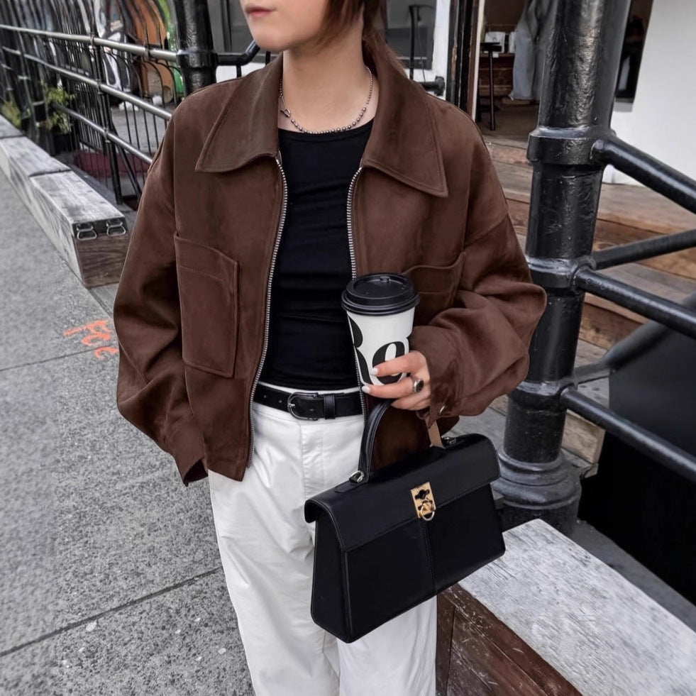 Brown Fashion Long Sleeve Suede Jacket