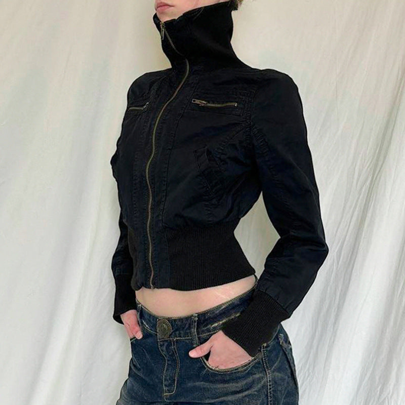 American-style Waist-tight Slimming Zipper Cardigan Woven Turtleneck Solid Color Coat