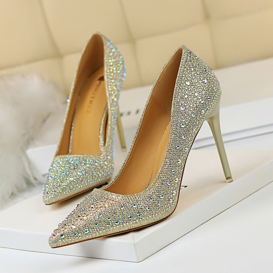 Spidse Sexede Slankende Rhinestone Farvede Diamant Højhælede Sko