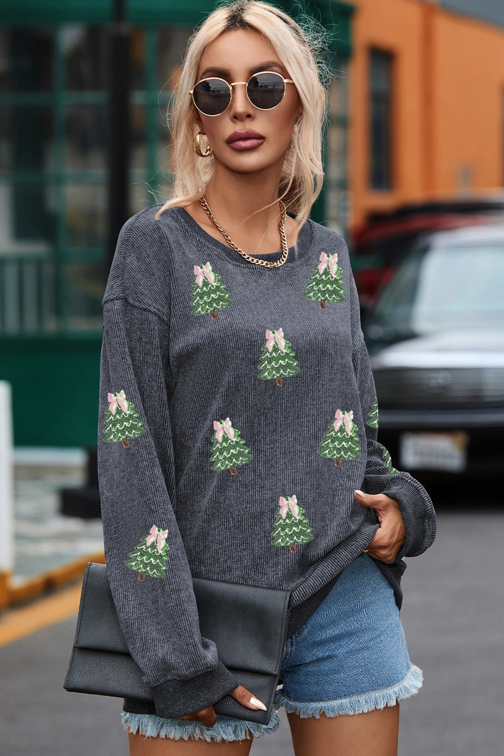 Round Neck Sequins Christmas Tree Rib Sweater For Women