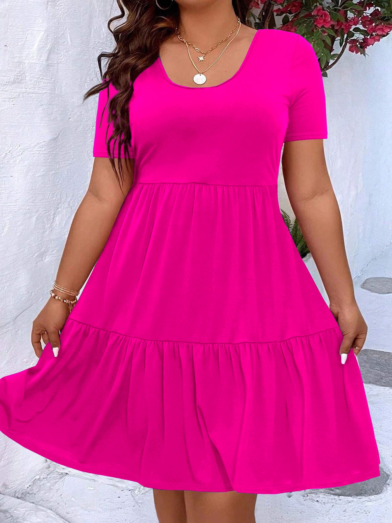 Plus-size Womens Pleated Solid-color Crewneck Dress