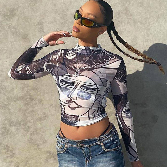 Rundhalset langærmet slim-fit top i ren mesh