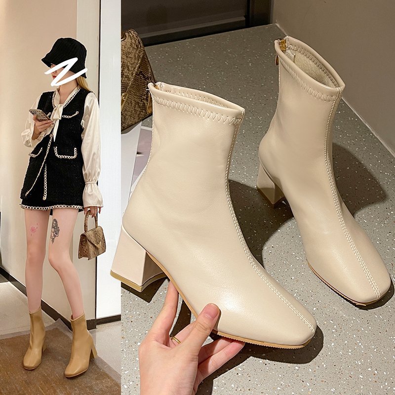 Soft Leather Was Thin High-heeled Nude Boots Square Toe Elasticity