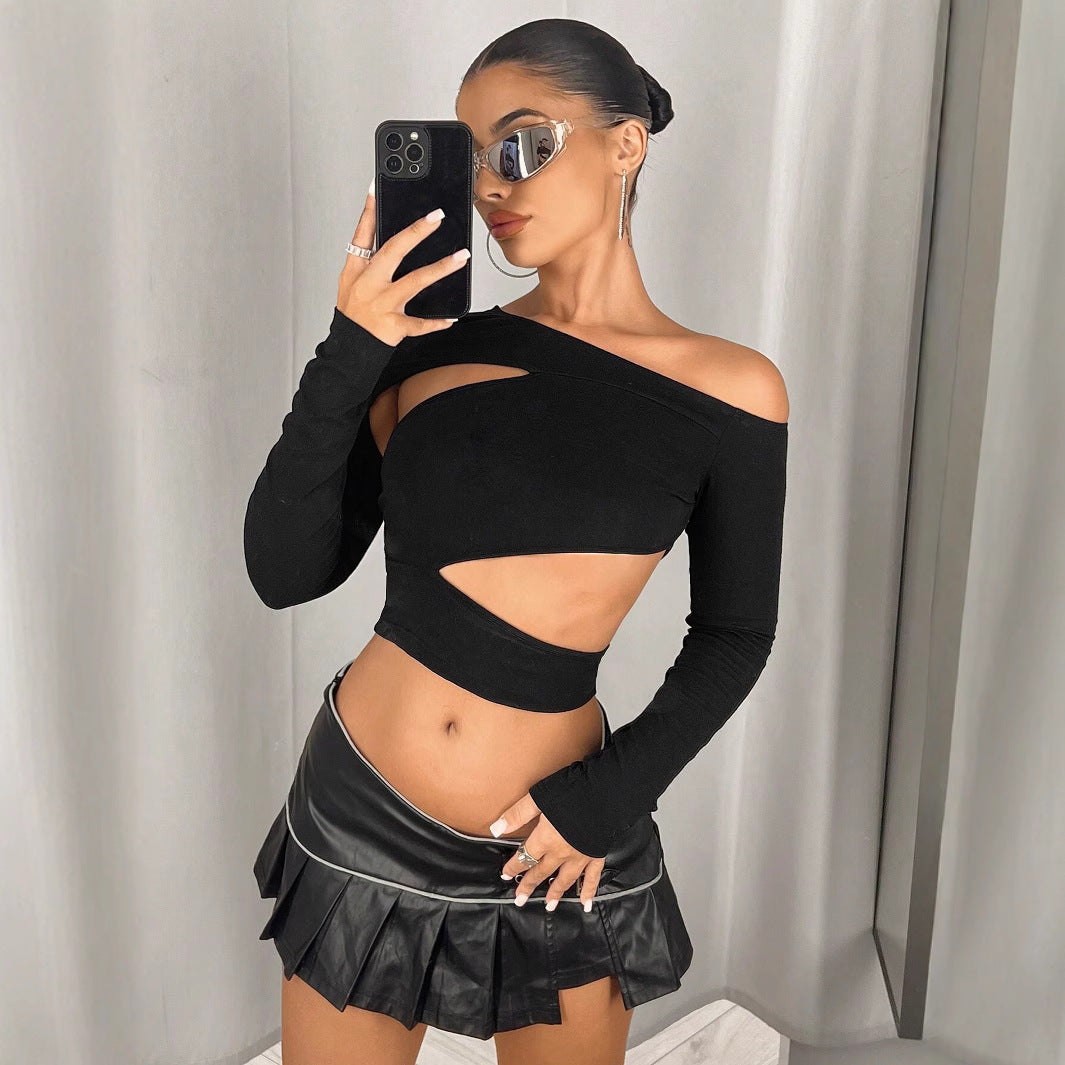Ny Slim Fit Skrå Krave Stropløs Sexet Off-shoulder Navle T-shirt