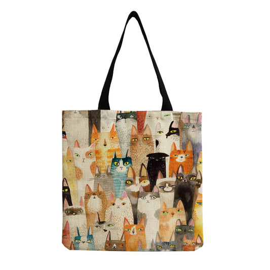 Foldable Portable Cute Cat-group Printed Handbag