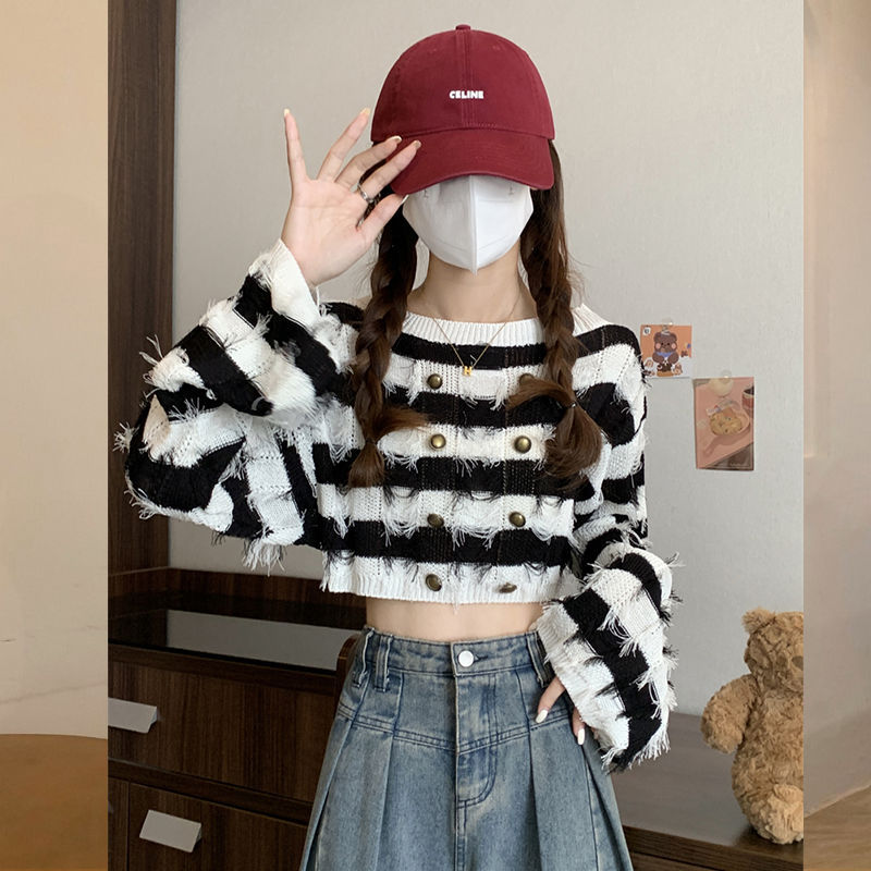 Striped French Tassel Design Sense Long Sleeve Short Top