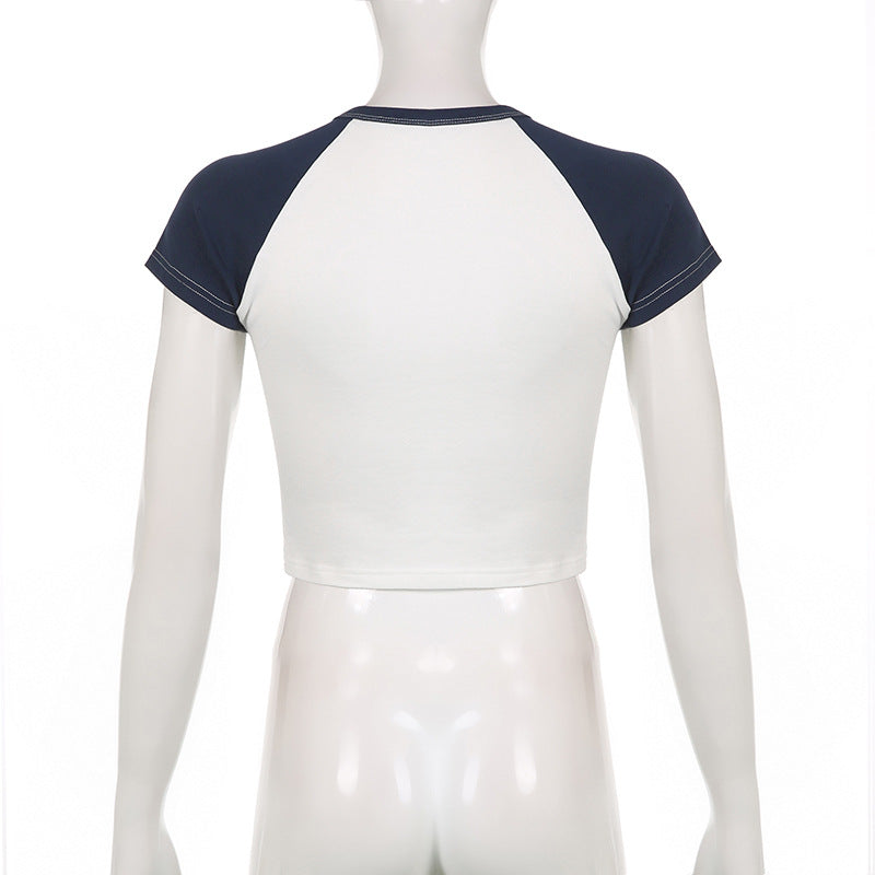 Contrasting Color Raglan Sleeve Splicing Show Thin Hot Girl Crop Top