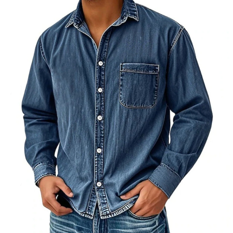 Mens Denim Long-sleeve Shirt Washed Long-sleeve Top