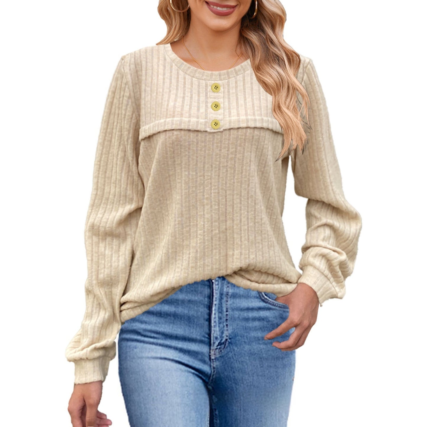 European And American Autumn And Winter Brushed Sunken Stripe Button Long-sleeved T-shirt Casual