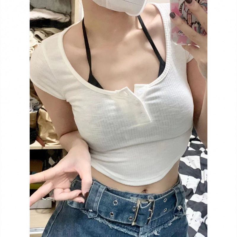 Sensual Minimalist Short-sleeve T-shirt Figure-flattering Tank Top With Straps A Two-piece Set