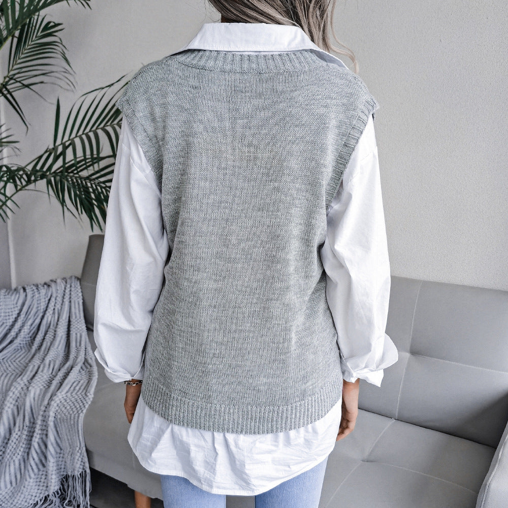 European & American Hollow Out Cable Knit V-Neck Sleeveless Sweater