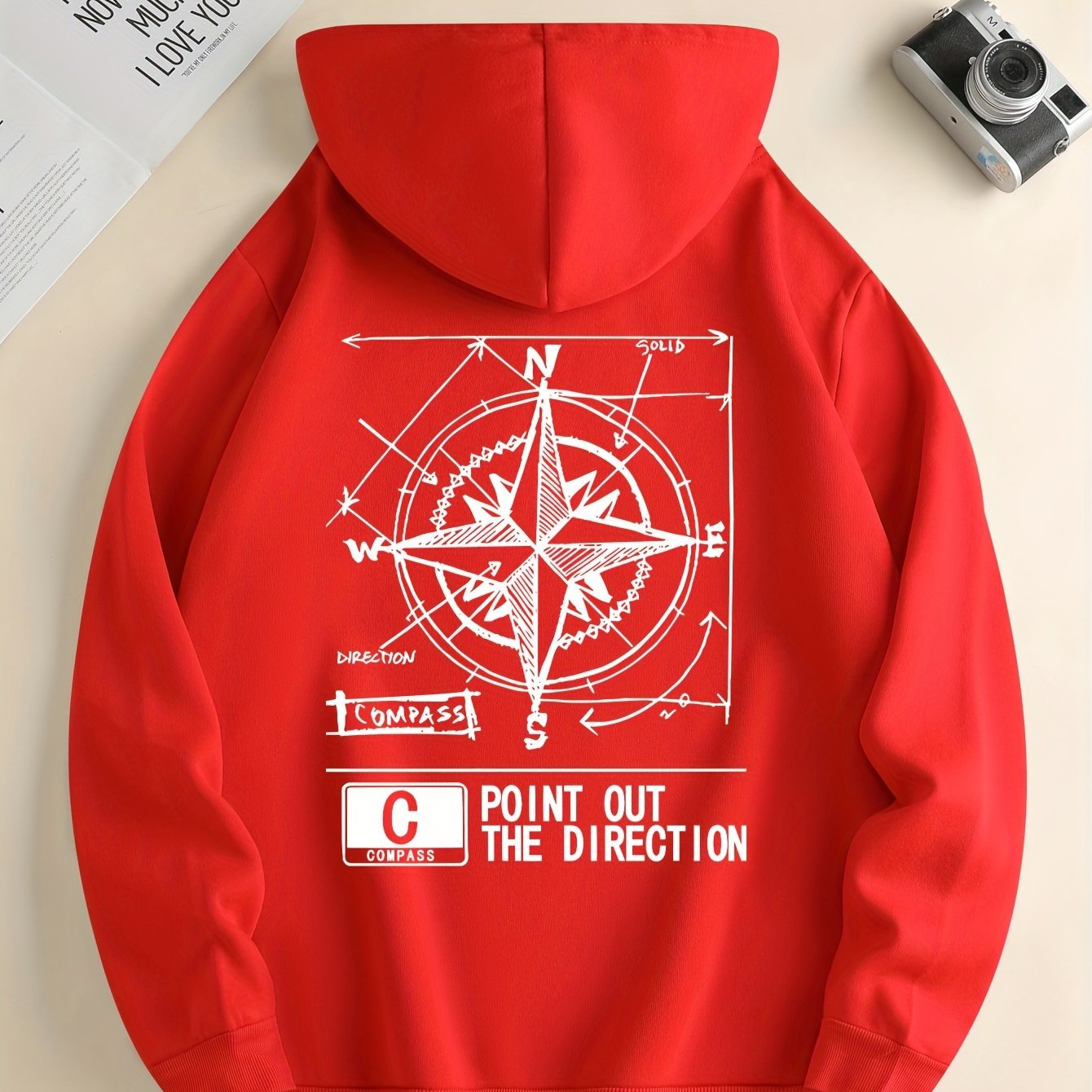 Fashion Green Compass Pattern Hoodie Casual Autumnwinter Pullover With Drawstring Kangaroo Pocke
