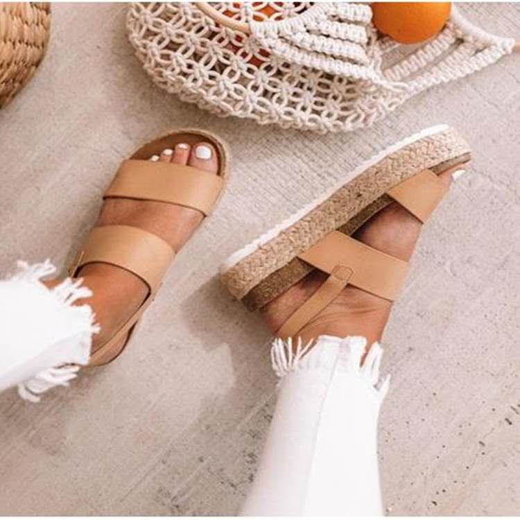Open-toe flat hemp mid-heel rubber buckle sandals