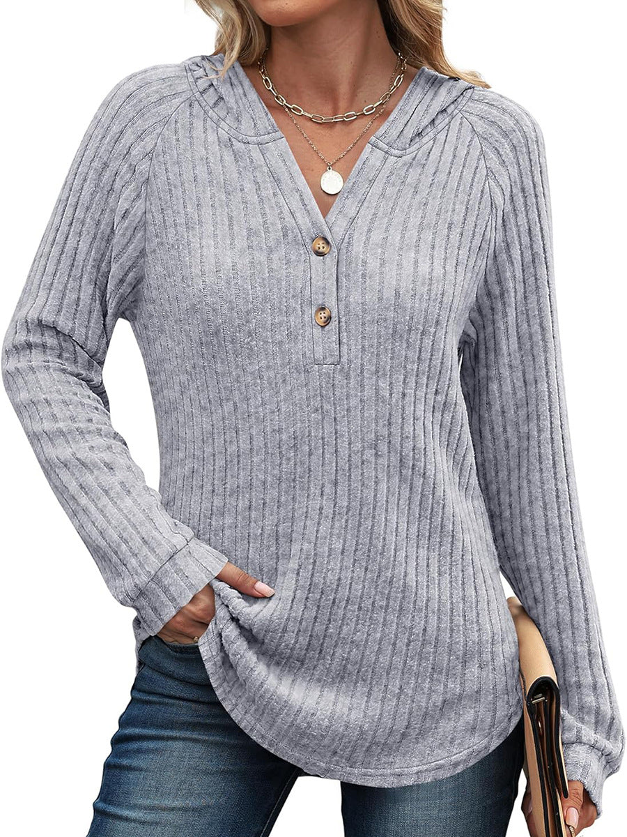 Solid Color And V-neck Button Loose Hooded Fleece Knitted Top
