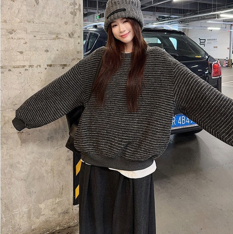 Women's High-grade Round Neck Sweater Vintage Stripe Loose Casual