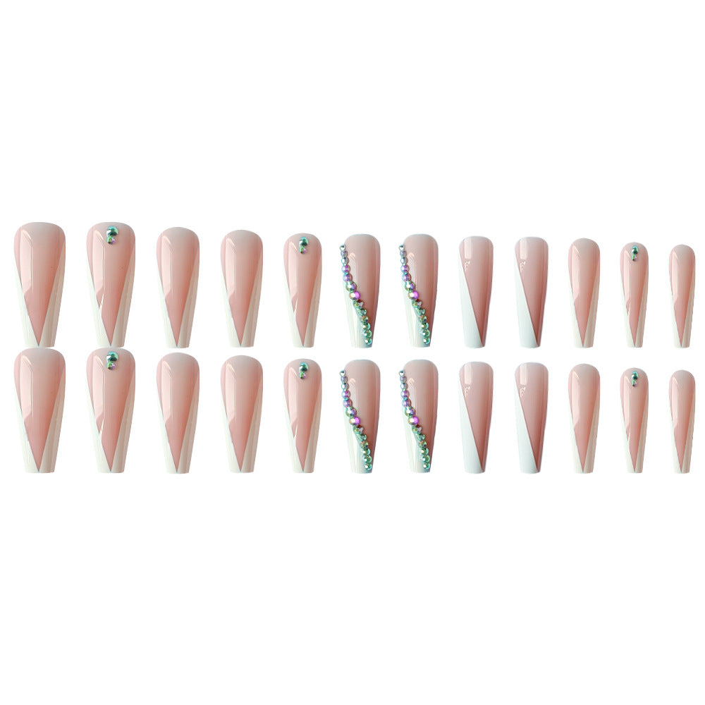 Foreign Trade Hot Selling Ceramic White Line Spot Drill Hand-worn Nail Fake Nail Patch Nail Tips Finished Product Wholesale