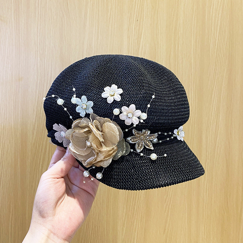 Women's Knitted Face Covering Breathable Pearl Flower Beret
