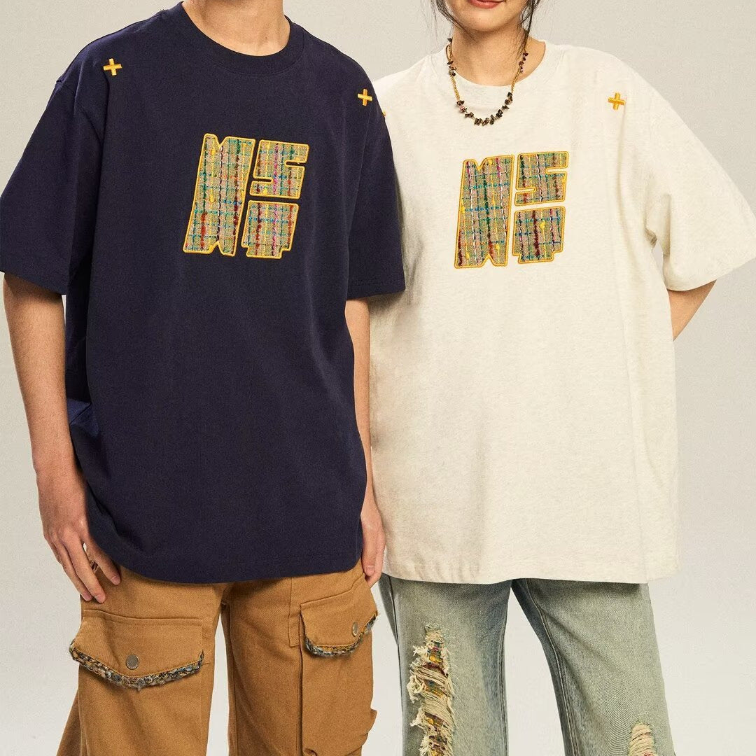 Retro Design Woven Embroidery Loose Short Sleeved T-shirt