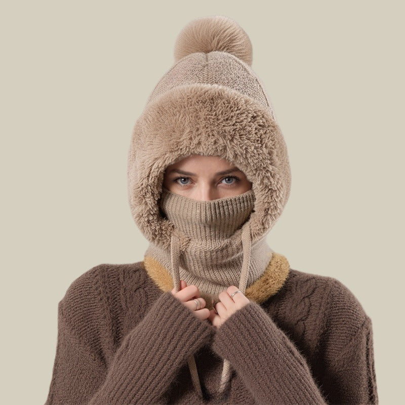 Scarf Integrated Knit Women's Fleece-lined Warm Hat