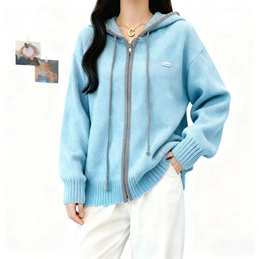 Zipper Hooded Idle Style Knitted Loose Slimming Soft Glutinous Sweater