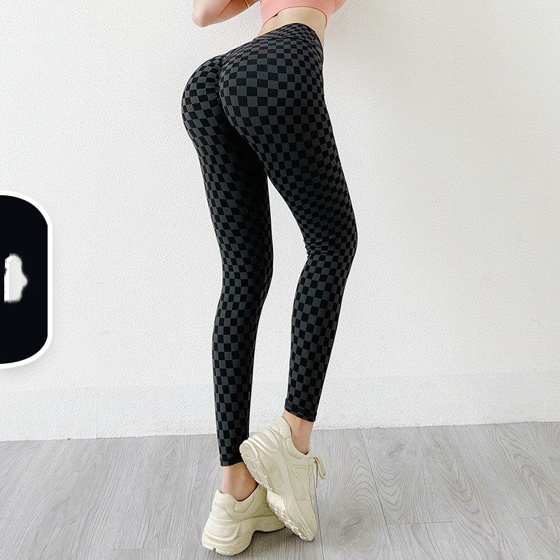 Seamless Knit Check Yoga Pants Peach Buttocks