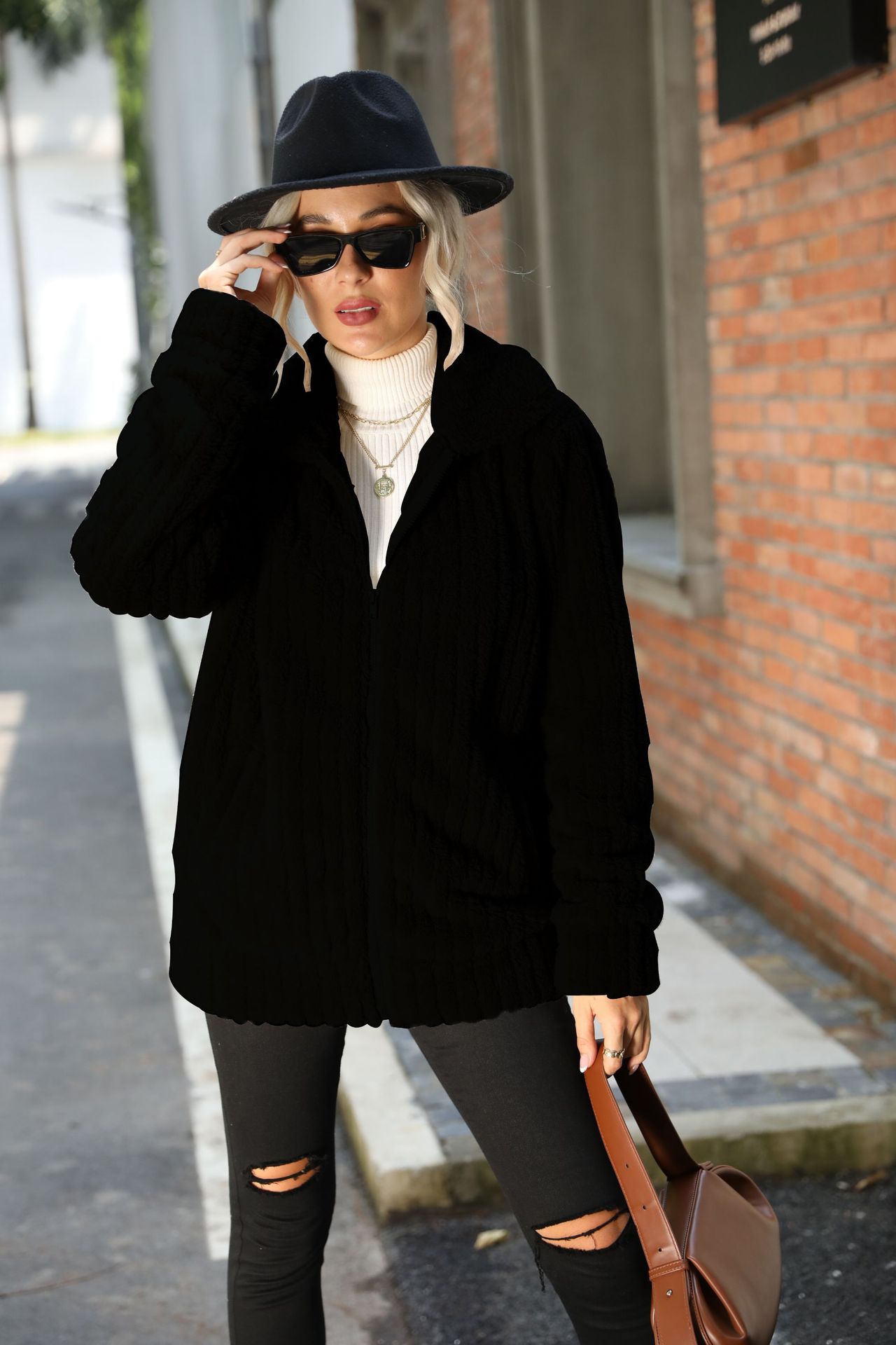 Women's Lapel Zipped Long-sleeve Jacket