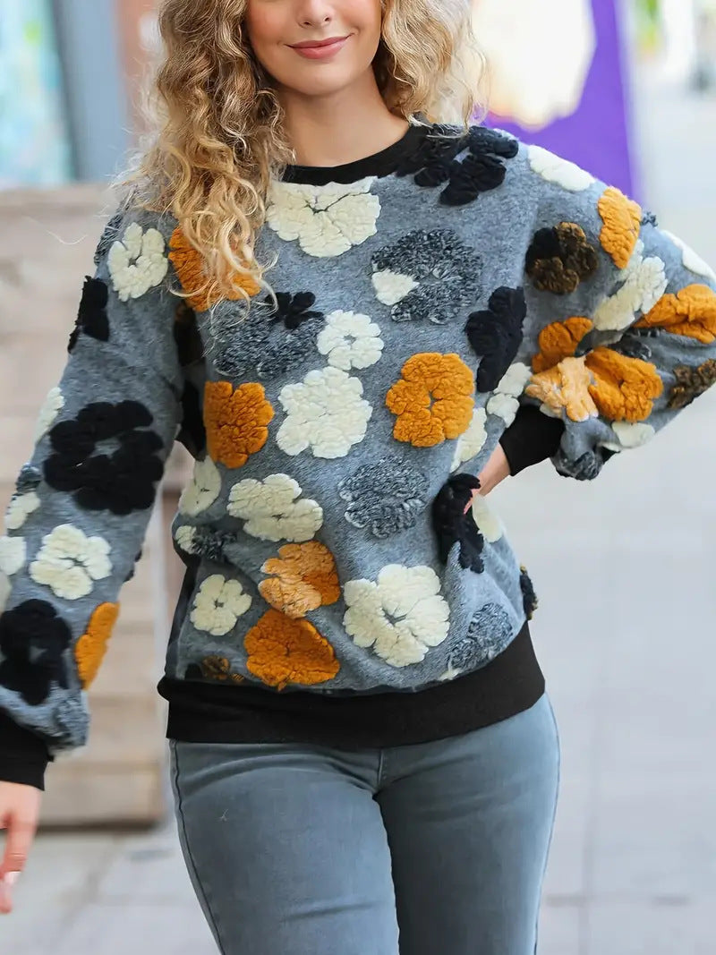 Retro tredimensionel blomsterstrikket, løs temperamentsfuld cashmere-sweater