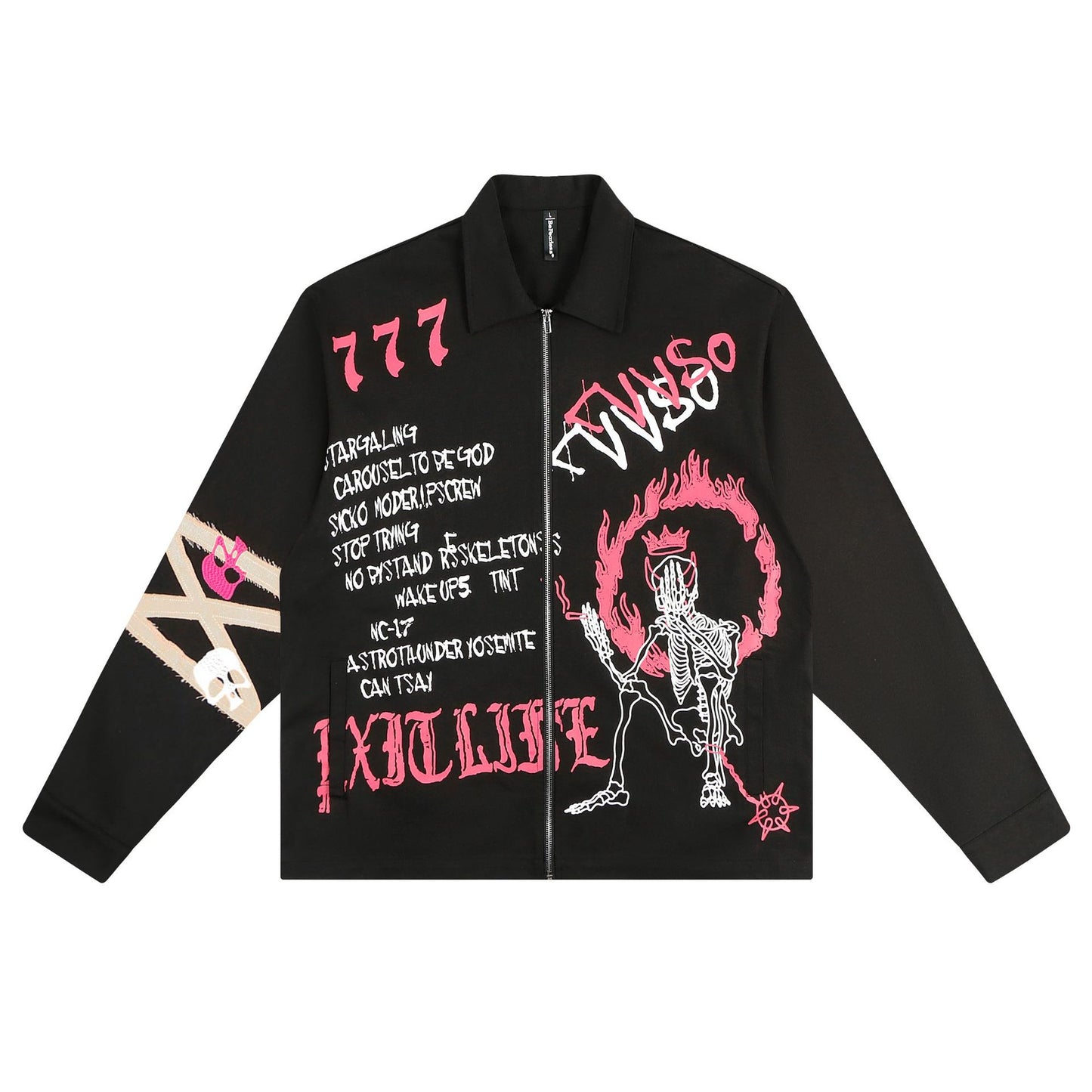 Retro Cartoon Graffiti Print And Embroidery Zip Jacket