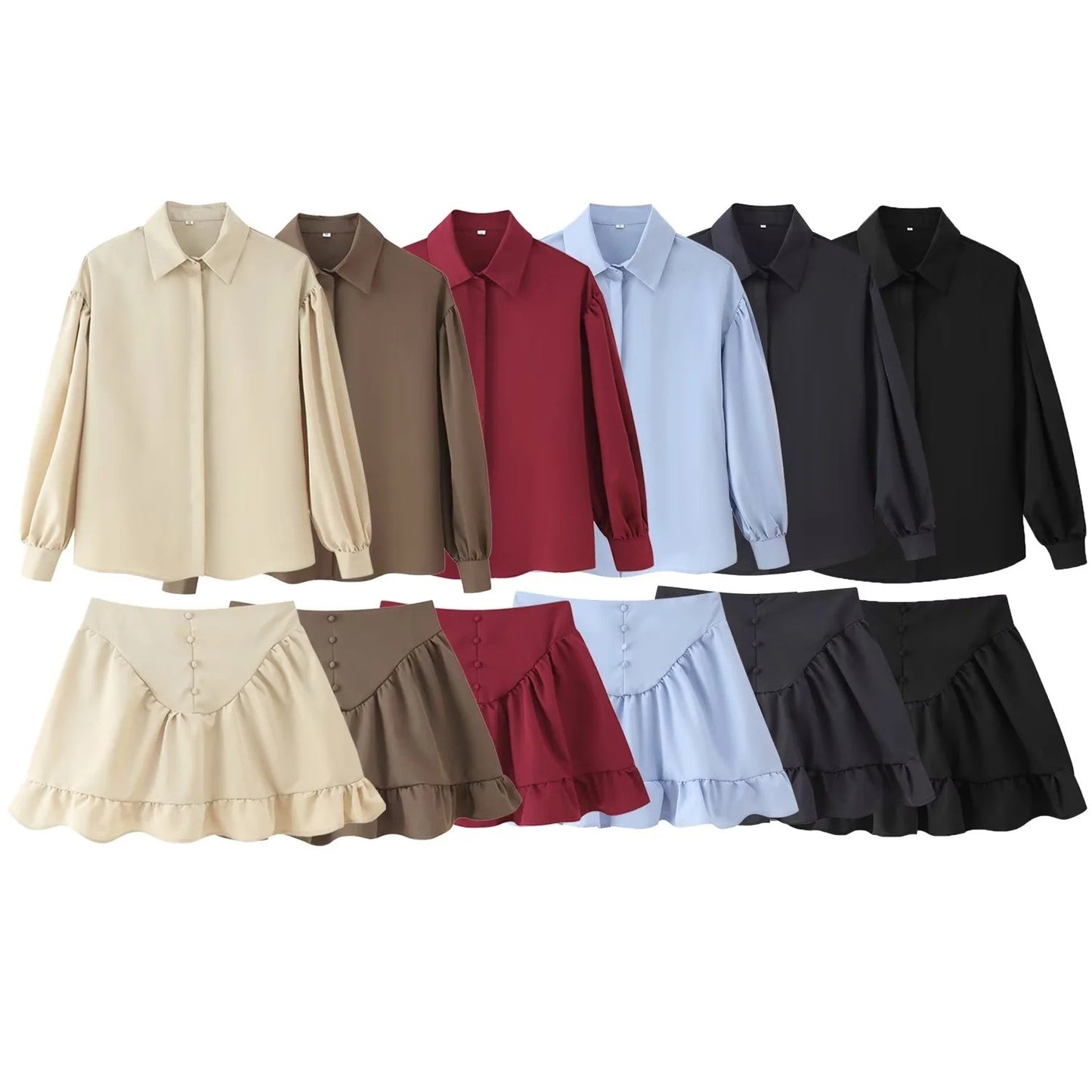 Elegant Lapel Style Button Up Shirt With Ruffle Hem And Matching Skirt Set