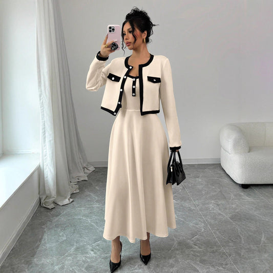 Womens French-style Long-sleeve Cropped Jacket And Slip Dress Two-piece Set