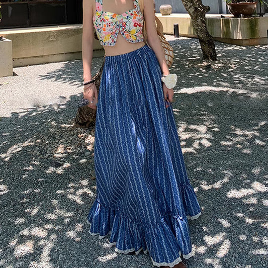 Blue And White Striped Skirt High Waist Slimming