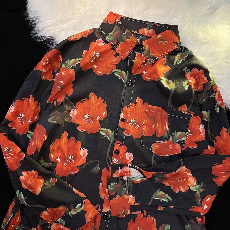 Hong Kong Style Printed Shirt Men's And Women's Loose Long Sleeves