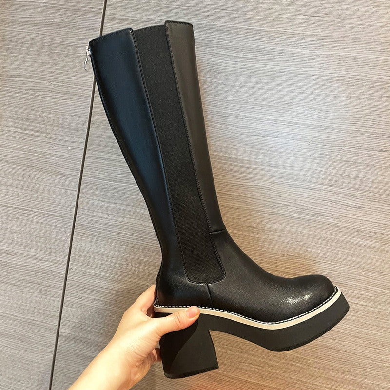 Cowhide Round Toe Thick Heel Boots Boots Thick Sole