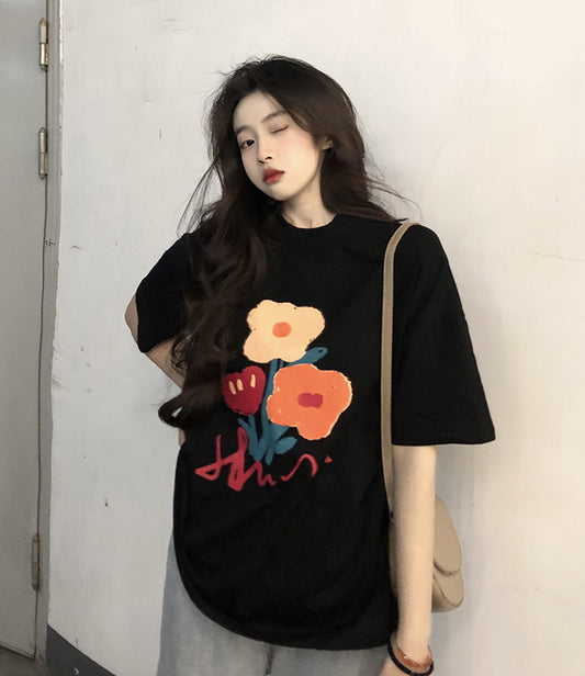 Women's Retro Loose Graffiti Cotton Short Sleeve T-Shirt