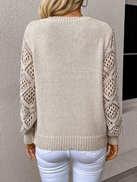 Ensfarvet V-hals pullover-trøje med hule lange ærmer modetoppe til damebeklædning
