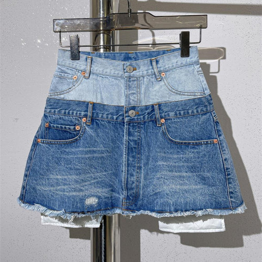 Spring And Summer Spliced Double Head Waist Denim Half Skirt